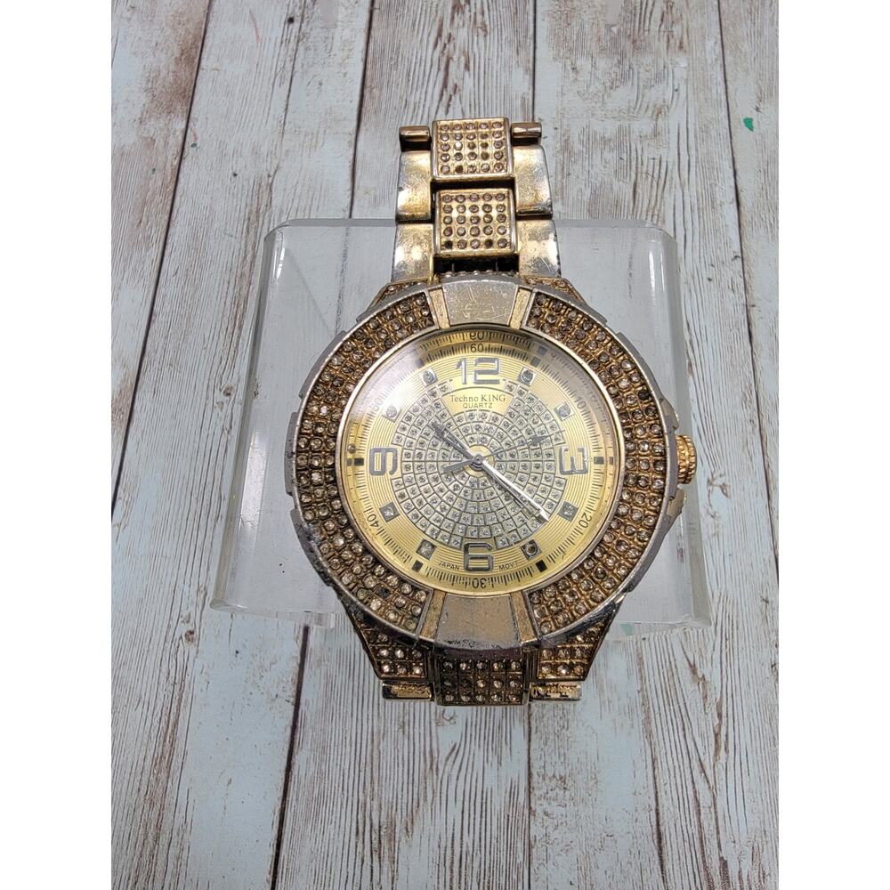 Techno King Gold Tone Dial Crystal Accent 52 mm Gold Watch Band